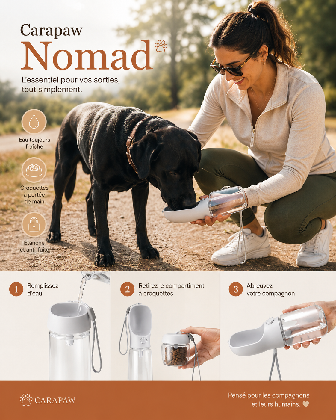 Carapaw Nomad — Gourde 2 en 1 pour Chien & Chat